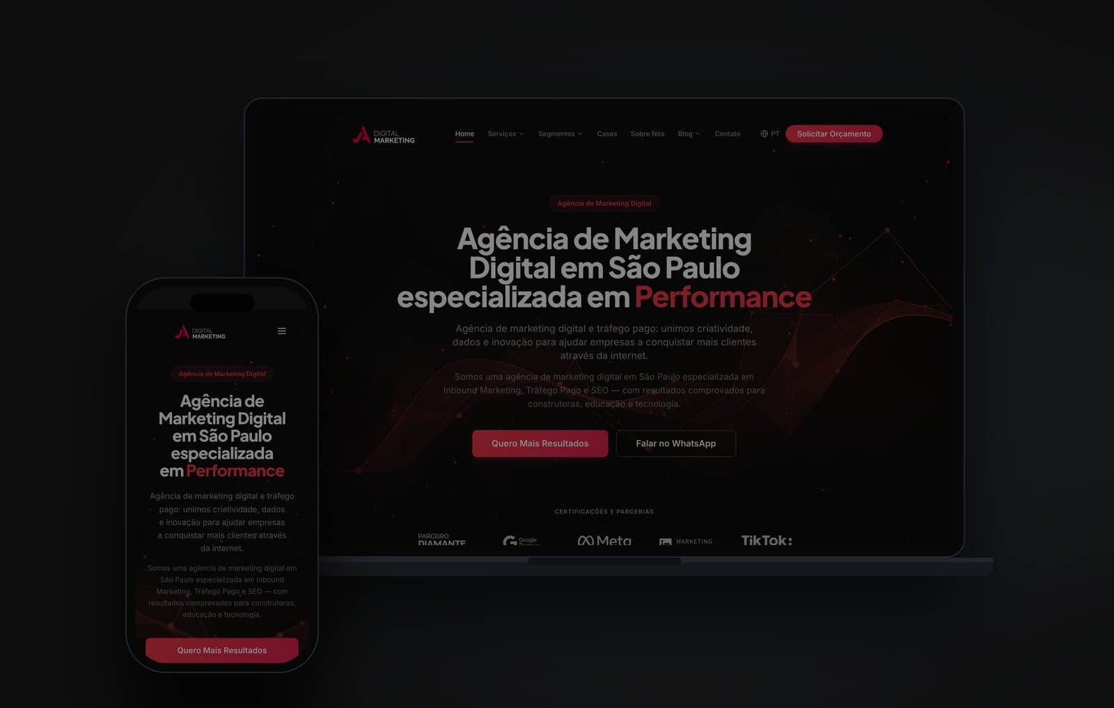 Site da J&A Digital Marketing no notebook e no celular